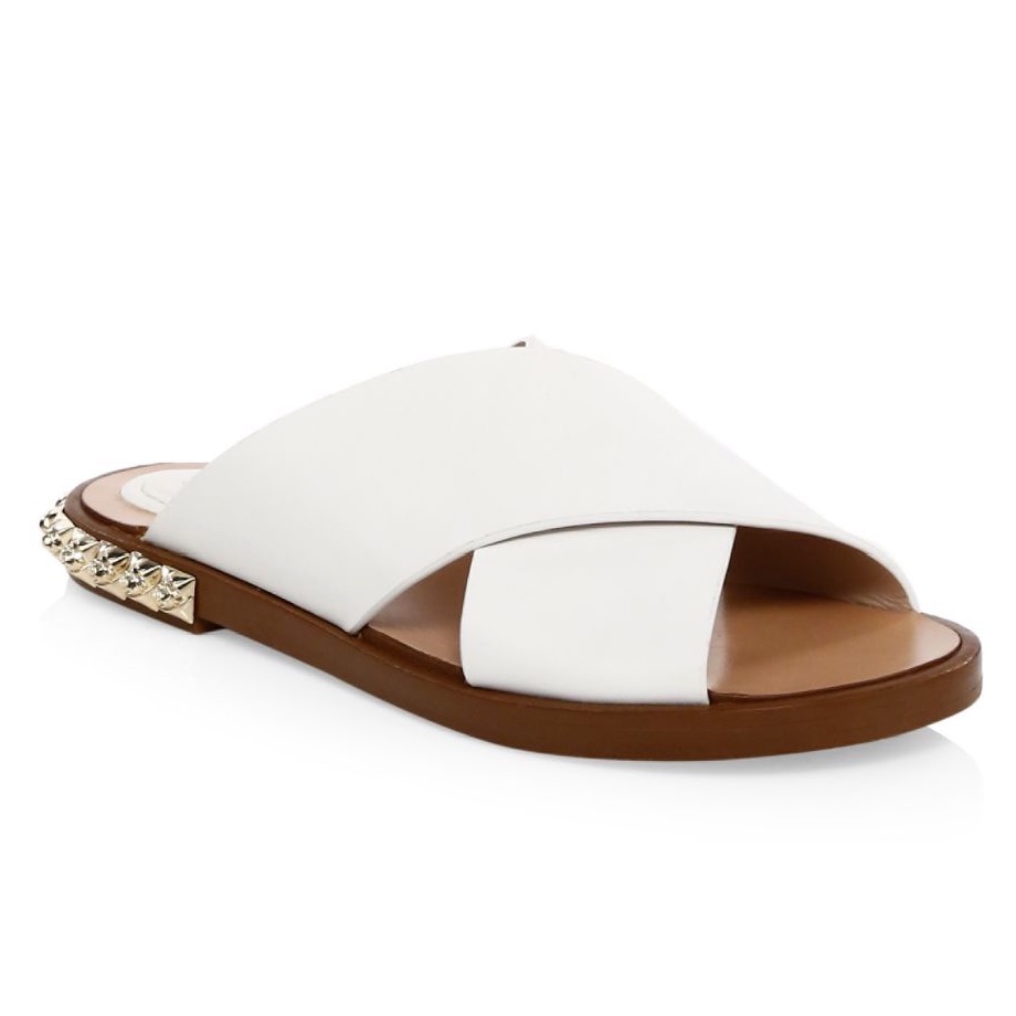 Stuart Weitzman White Leather Crisscross Slide Sandals With Gold Accent